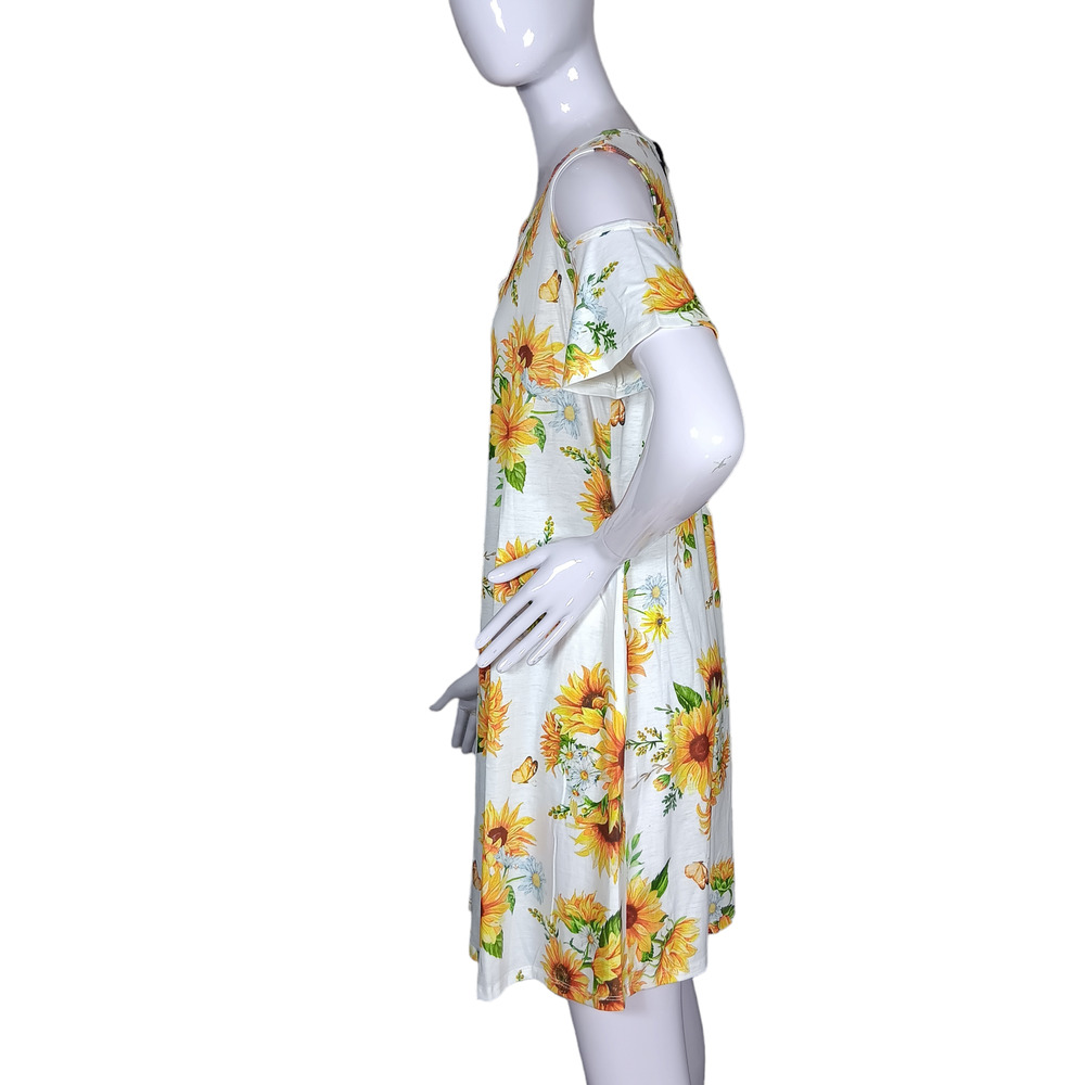 Pinup Fashion Mini Dress Size Medium White with Sunflower Print Lace Up Neckline - Picture 3 of 8